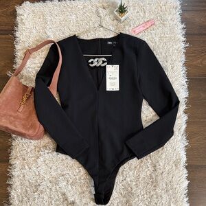 NWT Zara Elegant Black Bodysuit w Rhinestones Small